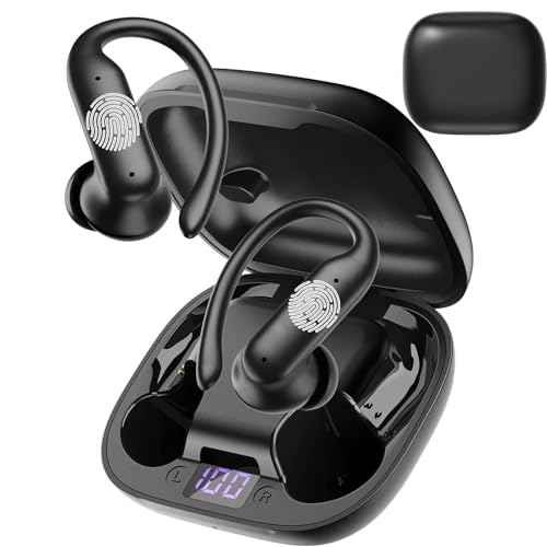 Wireless Earbuds, Running Earbuds with Earhooks & Charging Case, Waterproof, Sweatproof & Dustproof Running Earbuds, 45-Hour Playtime Earbuds with LED Power Display, Sports Earbud for the Gym