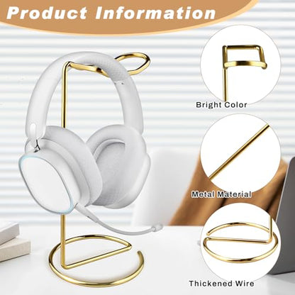 2 Pcs Headphone Stand Metal Headset Holder Tabletop Earphone Stand Headphones Hanger Organize Shelf Hanger Showing Display for Home Office Desk Rack - Gold
