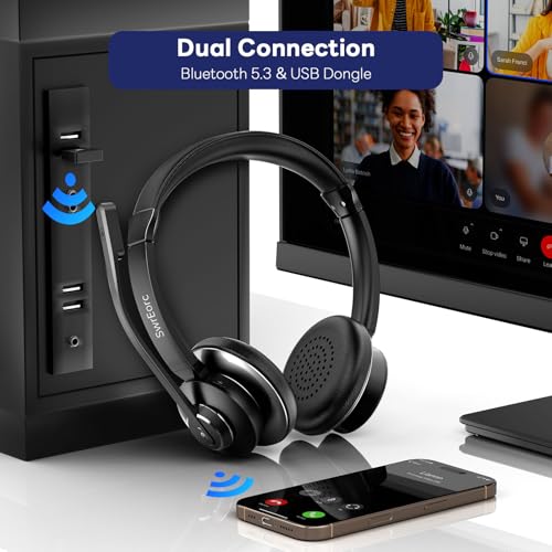 Bluetooth Headset, Wireless Headset with Mic for Work, Advanced AI Noise Cancelling Microphone (Clear Calls & Mic Mute), Bluetooth 5.3, USB Dongle, Headphones with Mic, for PC/Zoom/Office - color: Black