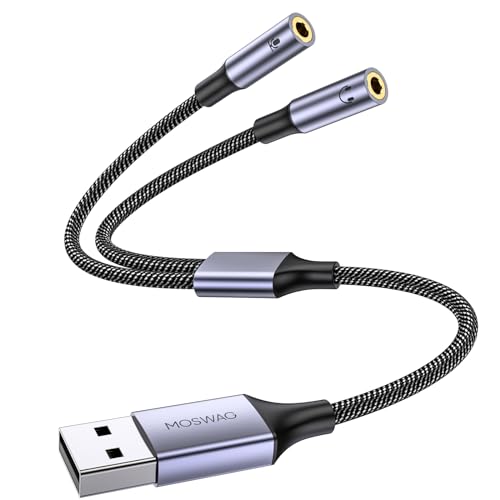 MOSWAG USB Audio Adapter External Sound Card Stereo Cable with Dual TRS 3-Pole 3.5mm Headphone and Microphone Jacks USB to Dual 3.5mm Audio Jack Adapter Cable for Windows Mac PC Laptops