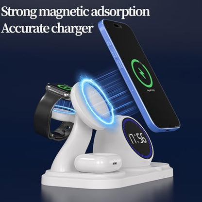 6 in 1 Wireless Charger for Apple Device，with Clock & 5 Color Ambient Light, Comes with Speakers,Nightstand Charger Station for iPhone 17/16/15/14/13/12/iWatch Series/AirPods (White) - color: White