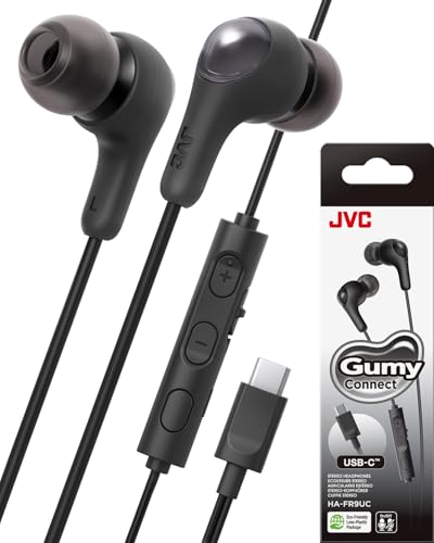 JVC Gumy Connect USB-C 유선 이어버드 헤드폰, 비디오 및 게임용 지연 없음, 내장 DAC는 소음을 줄이고 사운드 품질을 향상시킵니다. 직경 9.2mm 네오디뮴 드라이버 - HAFR9UCB (블랙) - color: 블랙., size: USB-C Jack