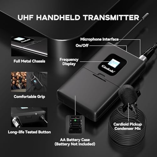 Gimkuls Wireless Lavalier Microphone System, Dual UHF Cordless Lapel Mic Set with 2 Bodypacks, 200 Channels, 328ft Range, XLR/6.35mm Outputs for Church, Speaking, Teaching, Interview
