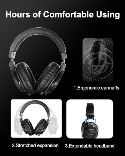 SUUNTOK Over Ear Wired Headphones MR810, Studio Monitor Headset with Closed Back Design Flexibale Professional Stereo Headphone with 3m Cable for Studio Monitering, Recording, Podcasting (Black)