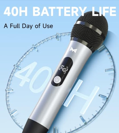 Wireless Microphones for Karaoke Machine, 2 Rechargeable Metal Dynamic Microphones with Receiver, 200FT Stable Wireless Range, 40H Battery Life, Plug and Play for PA Speaker, Amplifier, Church, Party
