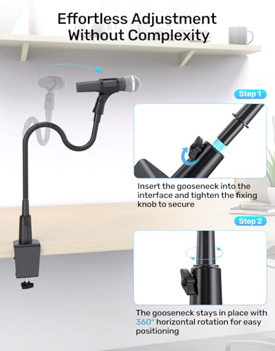 19-in Gooseneck Mic Stand with Desk Clamp, 3/8 & 1/4 Adapters, 360° Swivel | Upgraded Clamp, Heavy Duty & Flexible Arm for Podium, Pulpit, Lecture, Podcast, Sturdy Clamp, Universal Fit for Most Mics - size: Upgraded Clamp