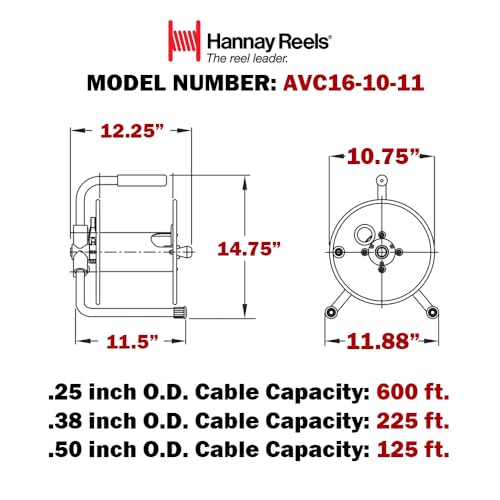 Hannay Reels AVC16-10-11 Series AVC Manual Hand Crank Portable Cable Storage Reel for Audio Video, Steel and Aluminum Construction, Black Paint, Made in USA