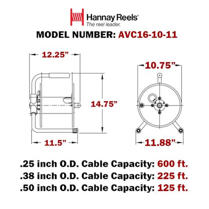 Hannay Reels AVC16-10-11 Series AVC Manual Hand Crank Portable Cable Storage Reel for Audio Video, Steel and Aluminum Construction, Black Paint, Made in USA