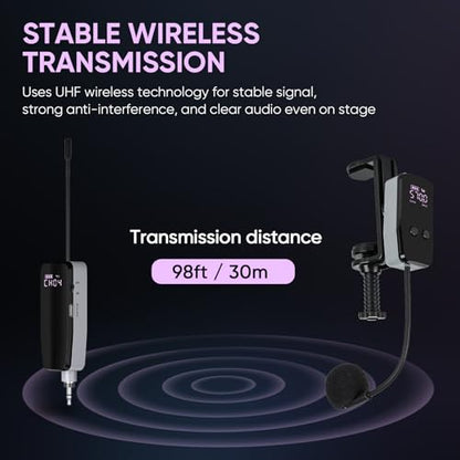 UHF Wireless Violin Microphone System, Rechargeable Clip-on Instrument Microphones with Transmitter and Receiver for Musicians, Teachers, Stage Performances, Active PA Systems - 98ft Range