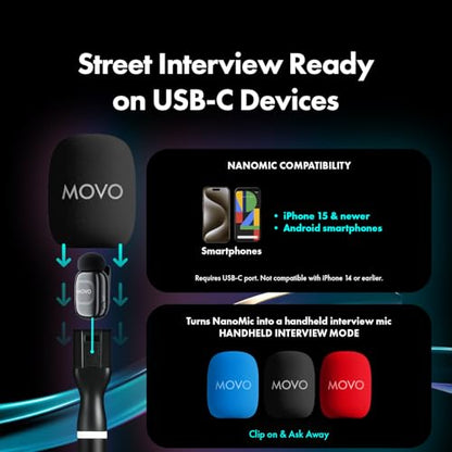 Movo NanoMic Wireless USB-C Mic Kit with Interview Handle — Dual Street Interview Mic for iPhone 15/16/17+, Android & iPad Pro — Vox Pops & TikTok