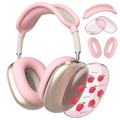 Pink Cute Apple Print Clear Case for Airpods Max Headphones Lovely Design Soft TPU Ear Cups Cover Anti-Scratch Silicone Ear Pad Protective Case 53 Headband Cover for Apple Airpods Max - color: Pink apple 04