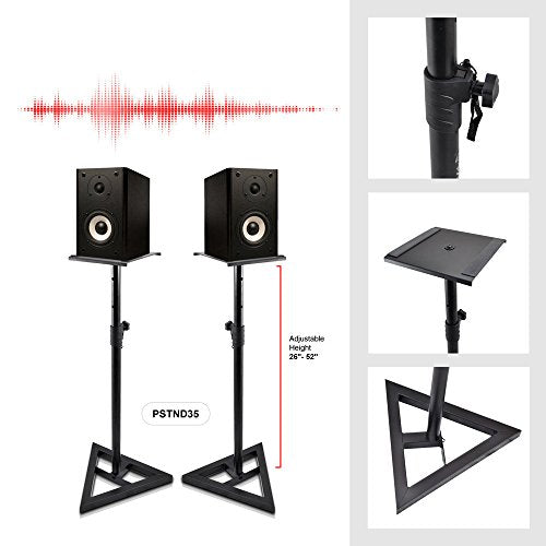 Pyle Universal Monitor Speaker Stands - Heavy Duty Studio Speakers Holder 9” Metal Square Platform 26” - 52” Telescopic Height Adjustment & Three-Point Triangle Base Plate w/ Floor Spikes - AZPSTND35