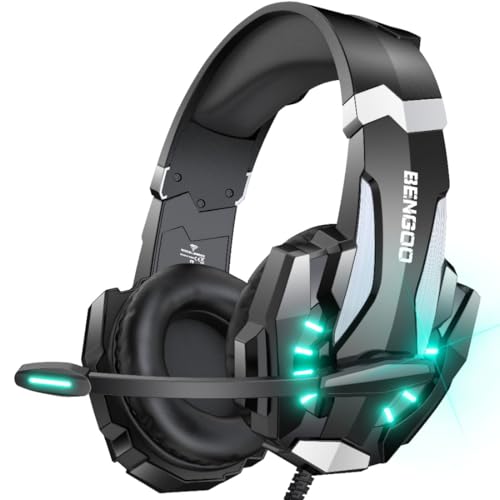 BENGOO G9000 Stereo Gaming Headset for PS4 PC Xbox One PS5 Controller, Noise Cancelling Over Ear Headphones with Mic, LED Light, Bass Surround, Soft Memory Earmuffs for Laptop Mac - Black - color: Black