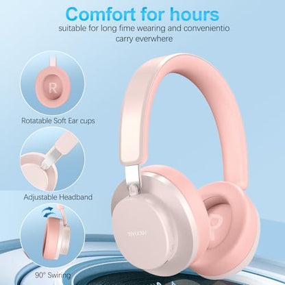 Over Ear Headphones Wireless Bluetooth, Noise Cancelling Headphones Bluetooth with Microphone, Cancelling Wireless Headphones Over Ear, 65h Playtime, Clear Calls, Comfort Fit For Travel (Pink) - color: Pink