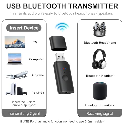 USB Bluetooth 5.2 Transmitter for TV, Wireless Audio Adapter for Airpods or Wireless Headphones Dual Pairs, Low Latency, Bluetooth 3.5mm Aux Transmitter for Flight, TV, PC, Gym, Gaming