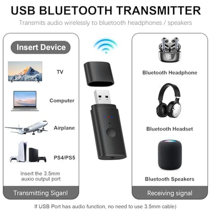 USB Bluetooth 5.2 Transmitter for TV, Wireless Audio Adapter for Airpods or Wireless Headphones Dual Pairs, Low Latency, Bluetooth 3.5mm Aux Transmitter for Flight, TV, PC, Gym, Gaming