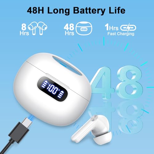 Wekily Wireless Earbuds, Bluetooth 5.3 Headphones LED Power Display, 2025 New Wireless Earphones, 4 ENC Noise Cancelling Mic, HiFi Stereo, 48H Playtime Mini Case IP7 Waterproof for Work & Play - color: Ivory white