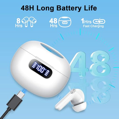 Wekily Wireless Earbuds, Bluetooth 5.3 Headphones LED Power Display, 2025 New Wireless Earphones, 4 ENC Noise Cancelling Mic, HiFi Stereo, 48H Playtime Mini Case IP7 Waterproof for Work & Play - color: Ivory white