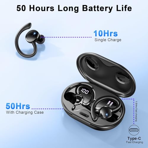 Wireless Earbuds, Bluetooth 5.4 Headphones, 75H Deep Bass Sound, Earhook | Sport, Over Ear Buds, 4 ENC Noise Cancelling Mic, Dual LED Display, IP7 Waterproof Earphones, Workout, Running, Gym - color: Jet-Black