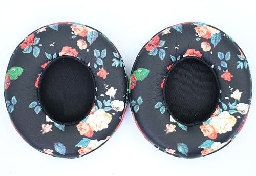 Headphone Replacement Ear Pad Cover Compatible with Beats by Dre Solo3 Solo2 Wired Wireless Headphones Protein Leather Memory Foam Headphone Cushion Ear Muffs-Black Flower - color: Black Flower