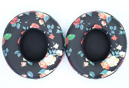 Headphone Replacement Ear Pad Cover Compatible with Beats by Dre Solo3 Solo2 Wired Wireless Headphones Protein Leather Memory Foam Headphone Cushion Ear Muffs-Black Flower - color: Black Flower
