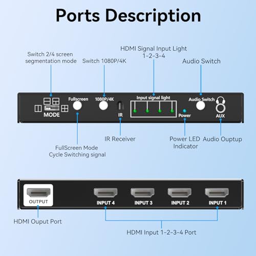 HDMI Multiviewer Switch 4x1 Seamless Switcher Quad Multi Viewer 4 in 1 Out Switcher with IR Remote 3.5mm Audio Output Support 4K@30Hz 1080P@60Hz Upgrade 10 Viewing Modes for Security Camera, Meeting