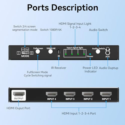 HDMI Multiviewer Switch 4x1 Seamless Switcher Quad Multi Viewer 4 in 1 Out Switcher with IR Remote 3.5mm Audio Output Support 4K@30Hz 1080P@60Hz Upgrade 10 Viewing Modes for Security Camera, Meeting