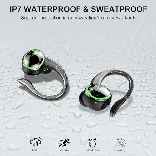 2026 Wireless Earbuds, Bluetooth 5.4 Headphones Sports, 50 Playback Over-Ear buds with ENC Noise Cancelling Mics, Deep Bass Fitness Earphones Gym Running Workout, IP7 Headset with Earhook, LED Display - color: Pure black