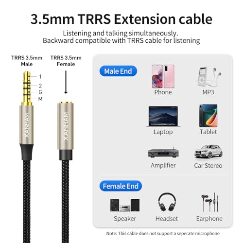 3.5mm TRRS Headphone Extension Cable 6.6 Feet /2M 4 Pole 1/8 Inch Auxiliary Audio Mini Jack Cord with Microphone Female to Male Compatible with Smartphone, iPhone, iPad, Tablet, etc - size: 6.6 Feet / 2M