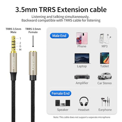3.5mm TRRS Headphone Extension Cable 6.6 Feet /2M 4 Pole 1/8 Inch Auxiliary Audio Mini Jack Cord with Microphone Female to Male Compatible with Smartphone, iPhone, iPad, Tablet, etc - size: 6.6 Feet / 2M