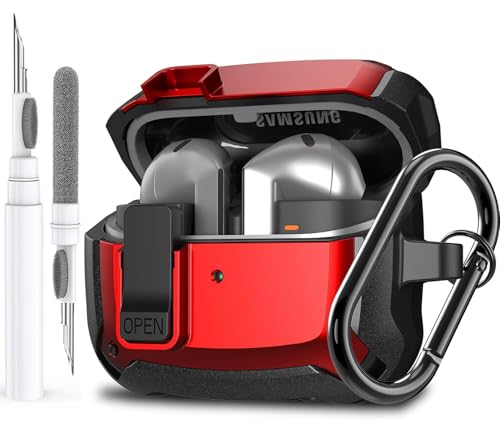 Galaxy Buds 3 Pro/3/3 FE Case Cover with Secure Lock Clip, Shockproof Samsung Galaxy Buds3/3 Pro 2024/3 FE 2025 Protective Hard Cover Shell with Carabiner&Cleaner kit for Men Women, Black/Red - color: Black/Red