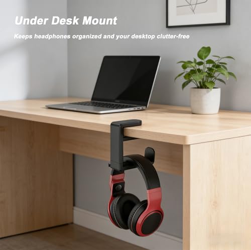 Universal Headphone Hook & Headset Holder, Black | 360° Swivel, Under Desk Hook, Cable Management Clip, Universal Fit - color: Black