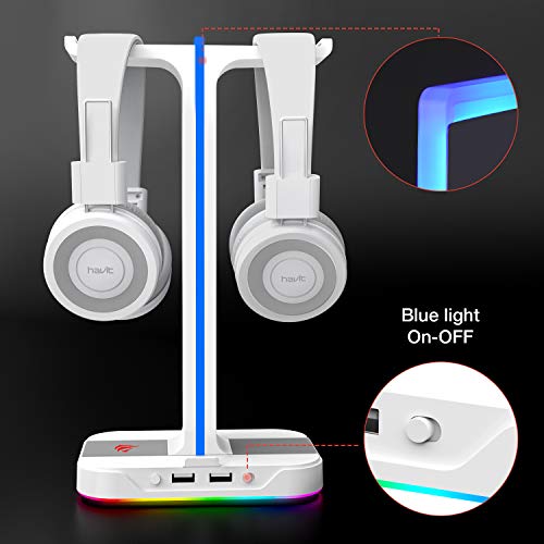 havit RGB Gaming Headphone Stand Desk Dual Headset Hanger Base with Phone Holder & 2 USB Ports for Desktop PC Game Earphone Accessories, White (Renewed)