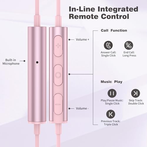 ASKUBSKU 3.5mm Headphone Wired Earbud with Mic for School Computer PC, Pink - color: Pink