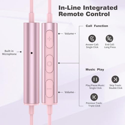 ASKUBSKU 3.5mm Headphone Wired Earbud with Mic for School Computer PC, Pink - color: Pink