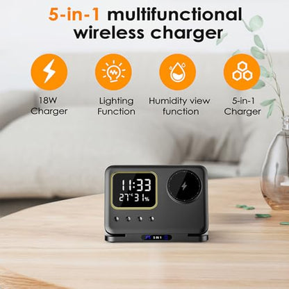 IHAO 5in1 Multi Functional Wireless Charger with Digital Clock 15W Fast Charge Night Light Temperature Display MagSafe Compliant for iPhone iWatch and Qi Headphone-DH13 Black - color: 5IN1 MagSafe Compliant DH13 Black