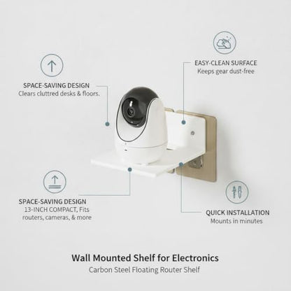 Audio-Visual Shelf, 13-Inch Carbon Steel Wall Mount for Routers and Modems, Compact Floating Storage for Home Office and Living Room Electronics