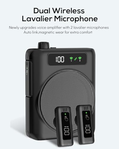 Voice Amplifier for Teachers with 2 Mics, Portable Speaker and Microphone | Wireless Voice Amplifier Personal, Bluetooth Mini Speaker with Lavalier Clip On microphones Set for Yoga Tour Guides Coaches - color: Black