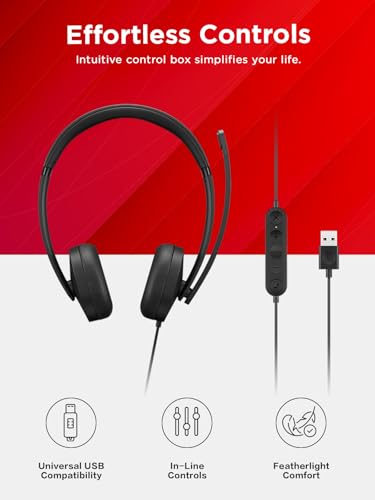 Lenovo USB-A Wired Stereo Headset for PC/Laptop, AI Noise Canceling via APP, 140g Lightweight, Replaceable Earcups, Double-Sided Boom Mic, in-line Controls with Mute for Call. Work with Teams/Zoom | Business communication and audio with USB-A connection,