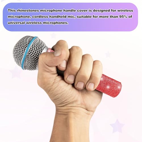 MECCANIXITY Red Mic Handle Cover, Rhinestones Microphone Handle for Most Universal Wireless Microphones, Mic Not Included(with Black Velvet Bag) - color: Red Black