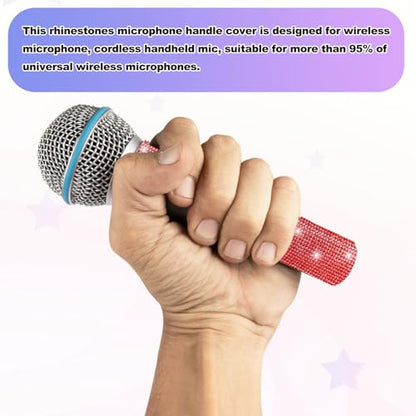 MECCANIXITY Red Mic Handle Cover, Rhinestones Microphone Handle for Most Universal Wireless Microphones, Mic Not Included(with Black Velvet Bag) - color: Red Black