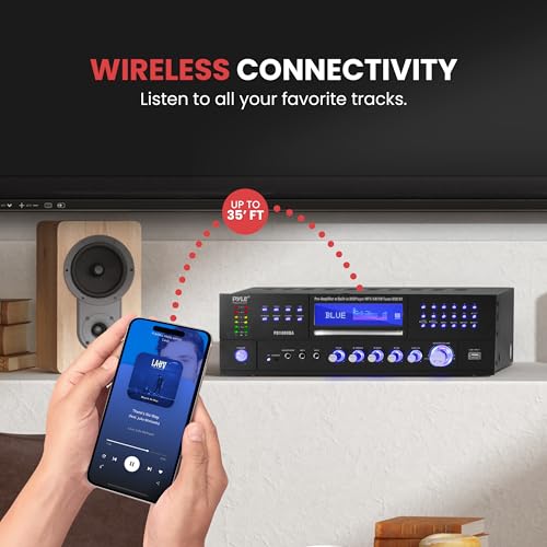 Pyle 4-Channel Wireless Bluetooth Power Amplifier - 1000W Stereo Speaker Home Audio Receiver w/FM Radio, USB, Headphone, 2 Microphone w/Echo, Front Loading CD DVD Player, LED, Rack Mount, Black