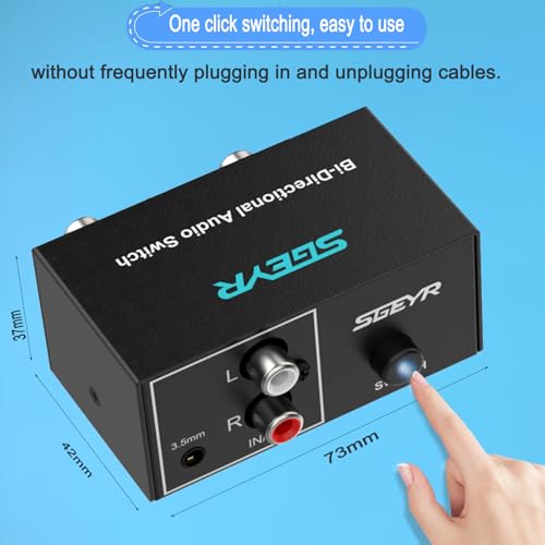 SGEYR RCA Switch 2 in 1 Out RCA switcher Selector 3.5mm Aux + RCA L/R Bi-Directional Stereo Audio Switcher A/B Analog Audio Switcher Black Metal Case