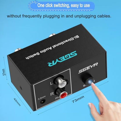 SGEYR RCA Switch 2 in 1 Out RCA switcher Selector 3.5mm Aux + RCA L/R Bi-Directional Stereo Audio Switcher A/B Analog Audio Switcher Black Metal Case