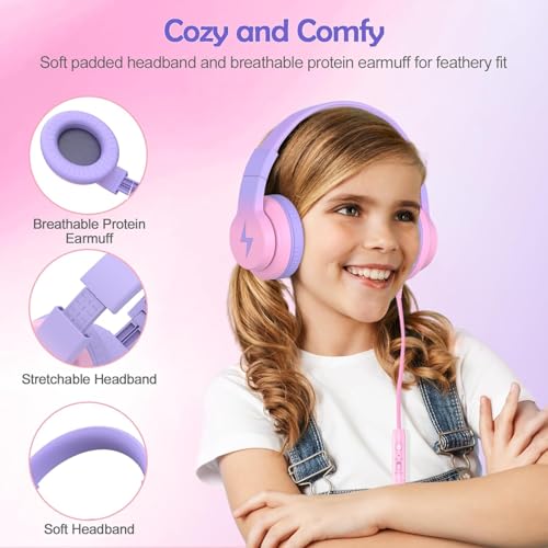 Candy Bila Wired Kids Headphones for School, Over-Ear for Boys Girls | Volume Limiter 85/94dB, HD Stereo Sound, Microphone and Wired Control, Foldable Design - color: Gradient Blue, Gradient Purple