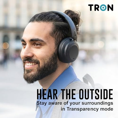 TRON Hybrid Active Noise Cancelling Wireless Headphones, Over-Ear Bluetooth Headphones with Spatial Audio, 60H Battery Life, Transparency Mode, Foldable Design, Travel Case Included (TR110)/Black