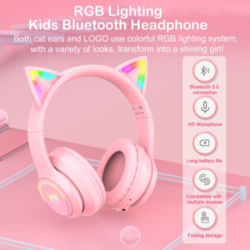 Bluetooth RGB Cat Ear Headphones, Foldable/Built-in Mic, A Pink | Wireless/wired, clear Hi-Fi sound, breathing lights, for kids/adults/girls/school/gaming, works with phone/laptop/PC/tablet - color: A Pink