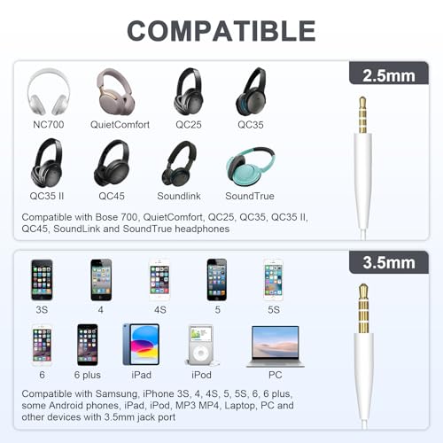 Zosvoses QC35 Audio Cable with Inline Mic Compatible with Bose 700 QuietComfort QC25 QC35 QC35II QC45 SoundLink SoundTrue On-Ear Headphones, 3.5mm to 2.5mm Aux Cable, 4.9ft (White)