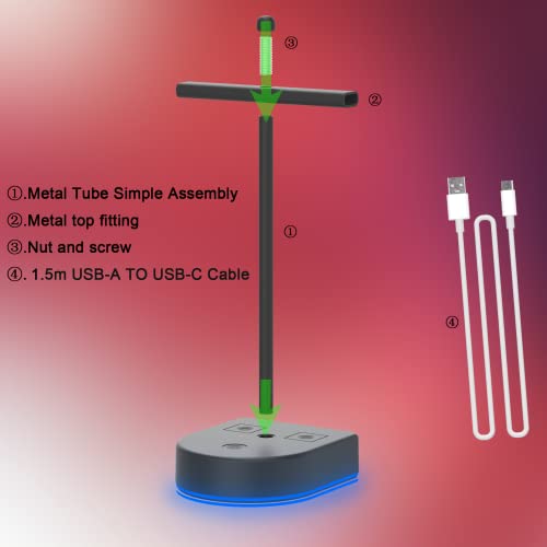 RGB Dual Headphone Stand with USB Charging Port, Desk Gaming Double Headset Holder，Durable Hanger Rack-Suitable for Desktop Table, Game, DJ, Earphone, PC, PS4, PS5, Xbox Gamer Accessories