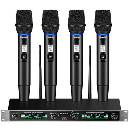 Wireless Microphones System, 4 Channel UHF Wireless Mics,with 4 Handheld Dynamic Microphones,Metal Receiver for Karaoke,Singing,Wedding,Party,Speech - color: Brown